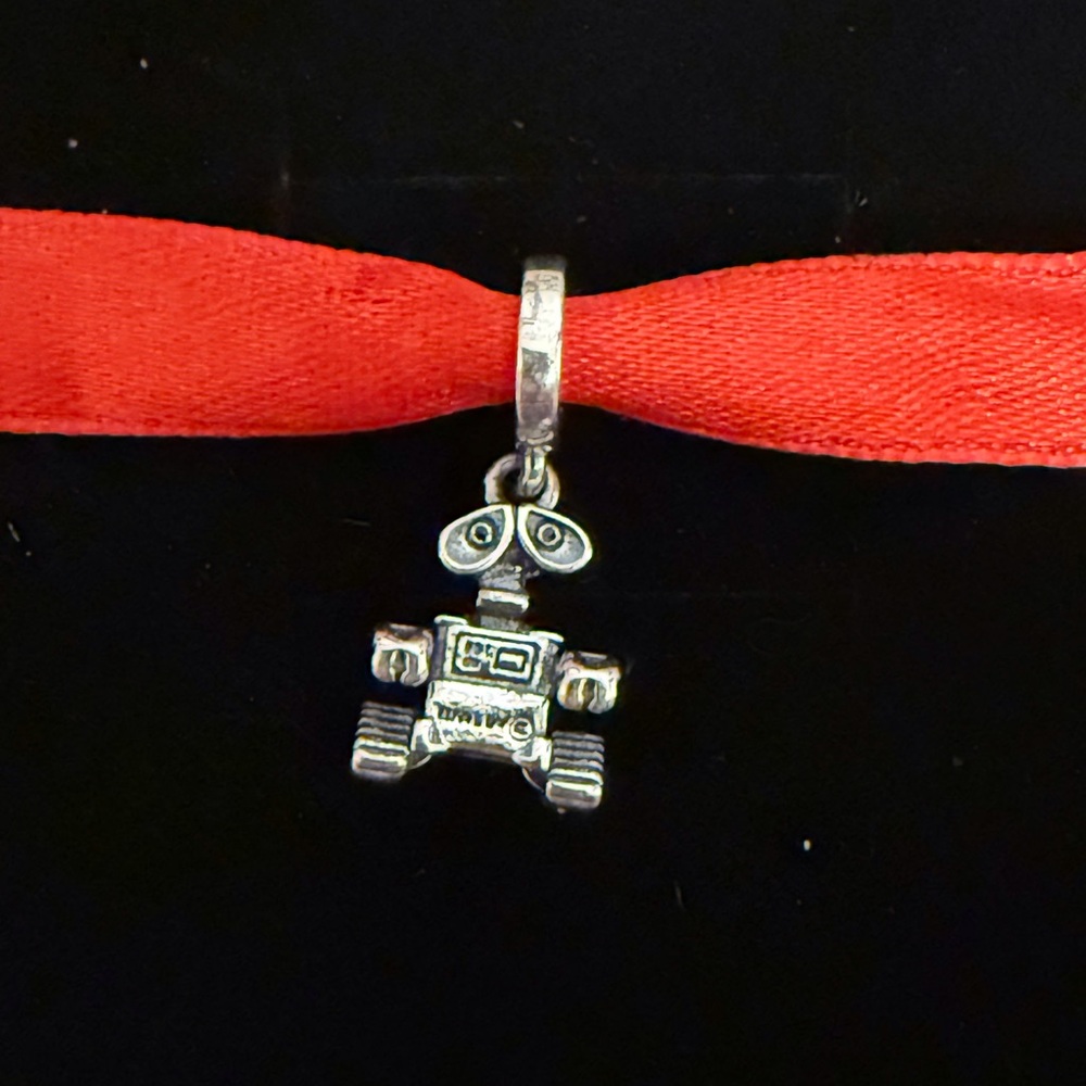 Silver Robot Charm Pendant On Red Ribbon